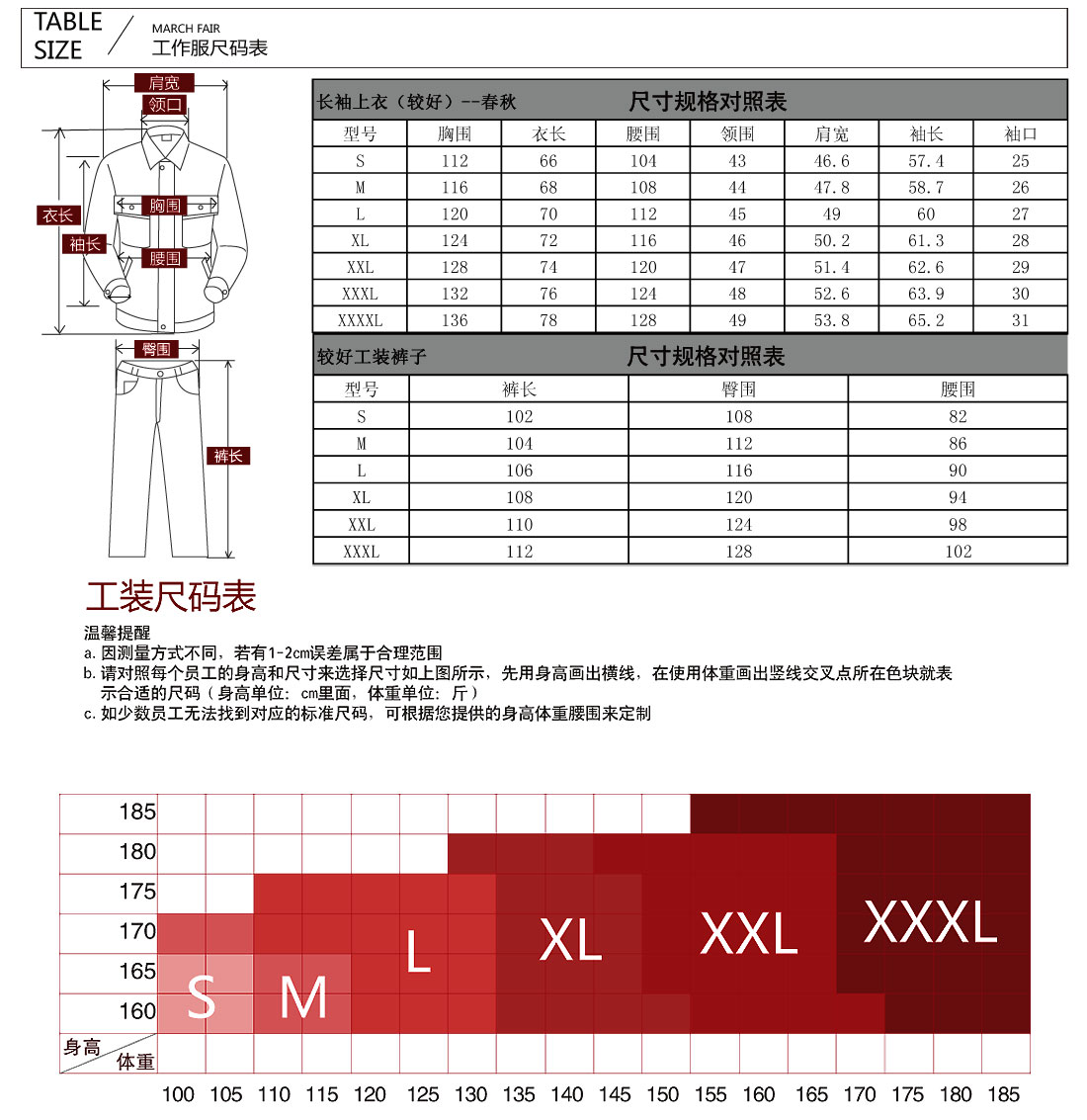 工作服尺码参照表